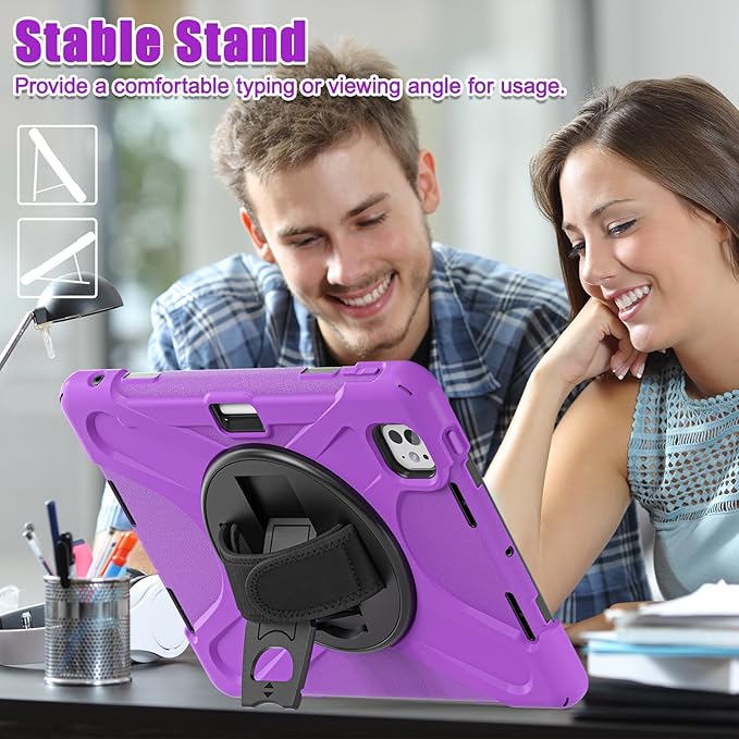 Batianda Case for iPad Pro 13-inch 2025 M5 2024 M4 Chip Heavy Duty Rugged Durability Silicone Tablet Cover with 360° Rotating Hand Strap Foldable Hidden Stand & Shoulder Strap, Purple
