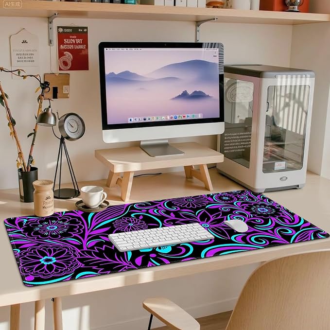 ARTSO Purple Large Gaming Mouse Pad with Stitched Edges, 35.4" x 15.7" Large Extended Computer Pad, Floral Mousepad Protector with Rubber Base for Laptop Office Accessories