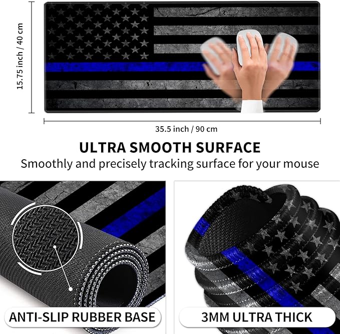 Large Gaming Mouse Pad, Thin Blue Line American Flag Design Keyboard Mat Desk Mousepad, Full Desk Extended XXL Mouse Pad 35.5" X 15.75" w/Stitched Edges Non-Slip for Office Home Gamer