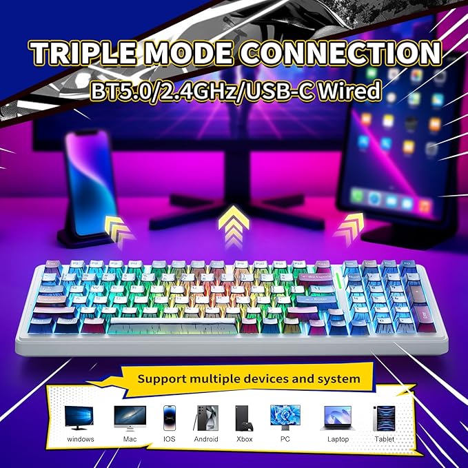 Aula F99 Mechanical Gaming Keyboard, Wireless Creamy Keyboard Hot Swappable Custom Keyboards Rechargeable, Tri-Mode BT5.0/2.4GHz/USB-C, Pre-lubed Linear Switches, RGB Backlit, Gasket Structure