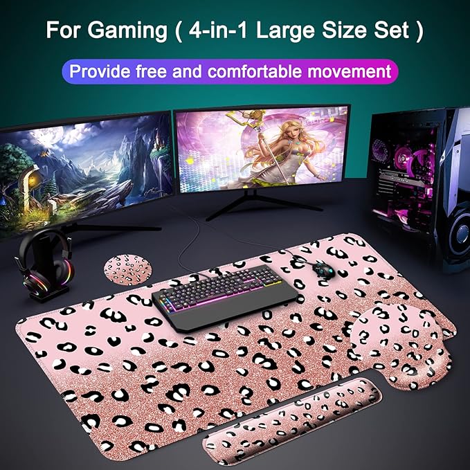 Mouse Pad + Desk Mat + Keyboard Wrist Rest + Coaster 4 in 1 Set, Cute Ergonomic Large Gaming Mousepad with Wrist Rest Support Desk Pad for Computer Laptop Office Home Decor-Glittery Leopards