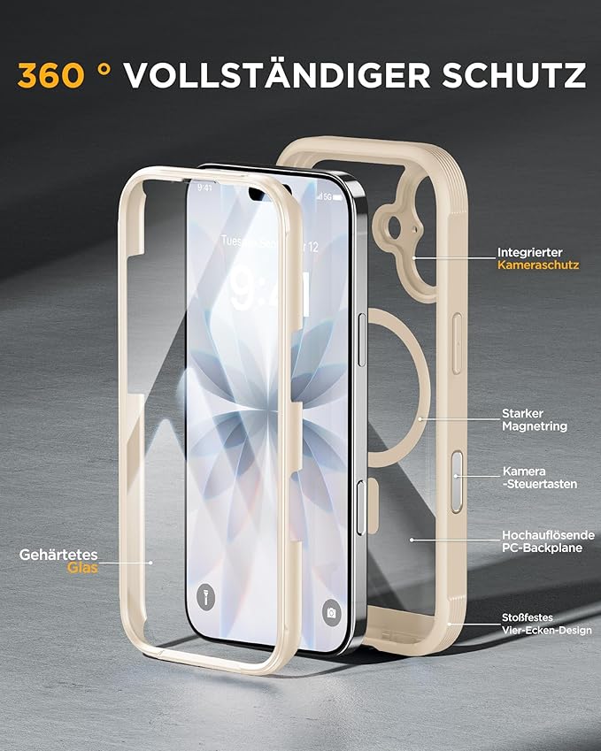Miracase for iPhone 17 Case 6.3'', Full-Body Military Grade Drop Protection Outdoor Phone case with Built-in Glass Screen &Camera Control,Easy Installation,No Gap,Compatible with MagSafe, Gold