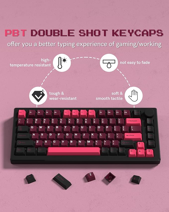 Womier Double Shot PBT Keycaps Set 138 Keys, Cherry Profile Custom Keycaps 60 65 75 100 Percent for 61/64/68/84/87/100/104/108 Retro Gaming Mechanical Keyboard (HotPink Black)