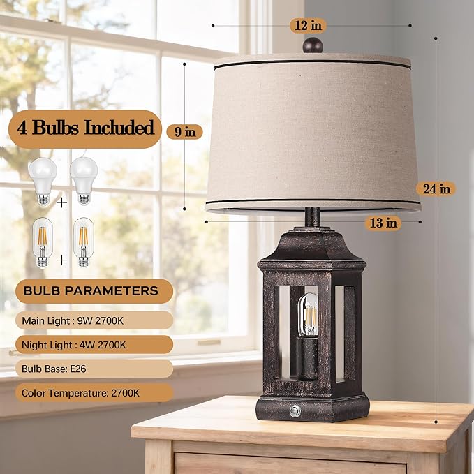 24" Rustic Farmhouse Table Lamps for Living Room Set of 2, Touch Dimmable Nightlight Vintage Bedside Lamps with USB A+C Ports & Dual Light Sources for Bedroom Nightstand End Table, Antique Black
