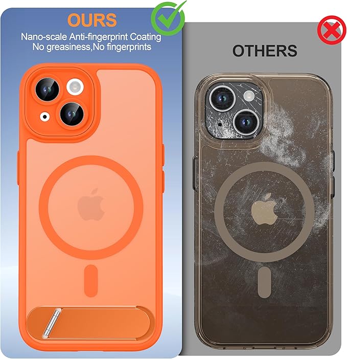 Magnetic Compatible with iPhone 15 Case, [Built-in Invisible Kickstand][Compatible with MagSafe][Full Camera Protection] Translucent Matte Phone Case for iPhone 15 6.1",Orange
