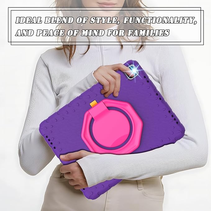 for iPad Pro 12.9 Case 3rd 4th 5th 6th Generation with Pencil Holder & 360° Rotating Handle Stand, New Cute Rugged Cover for iPad Pro 12.9 inch 2022/2021/2020/2018 - Purple