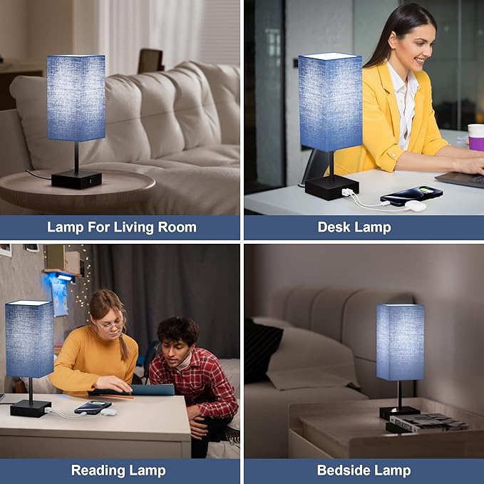 Bedside Table Lamp for Bedroom, 3 Way Dimmable Touch Lamp with USB C+A Charging Ports, Small Nightand Lamps for Bedroom Decor, Living Room, LED Bulbs Included, Upgraded Navy Blue