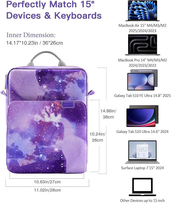 MoKo 15 Inch Laptop Sleeve Bag Fits New Mac Air 15" M5 2026, Mac Pro 14" M5/M5 Pro/M5 Max 2026, Galaxy Tab S9 Utra 14.6" 2023, Handle Carrying Case with Shoulder Strap, Purple Starry Sky