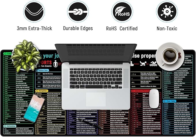 JIALONG Excel Shortcuts Large Gaming Mouse Pad Extra XXL 35.4x15.75 inches Thick Extended Excel Formulas Cheat Sheet Desk Pad Computer Keyboard Mat for MacBook, PC, Laptop, Office Home