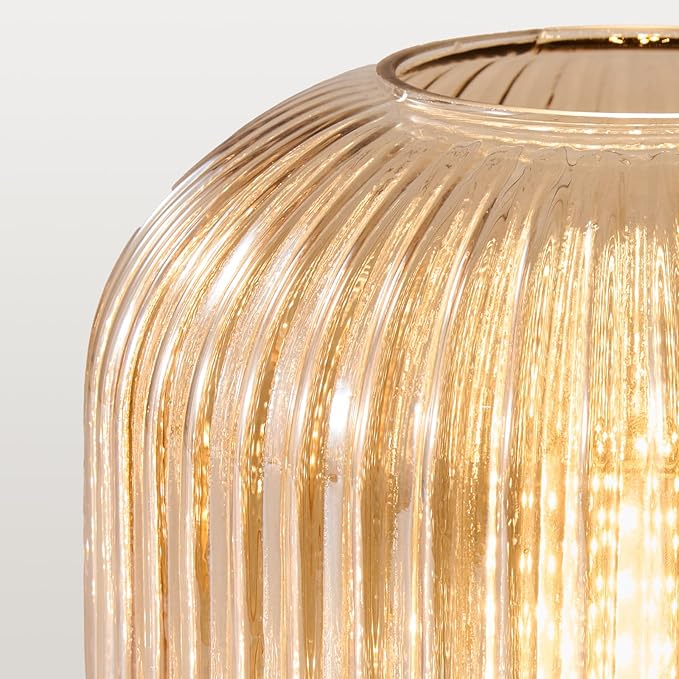 Mid Century Globe Table Lamp: Amber Vintage Pumpkin Ribbed Glass Dimmable Plug in Bedside Lamps - Cute Brass Gold Modern Side Table Lamp Nightstand Light for Bedroom Entryway Office Desk Living Room