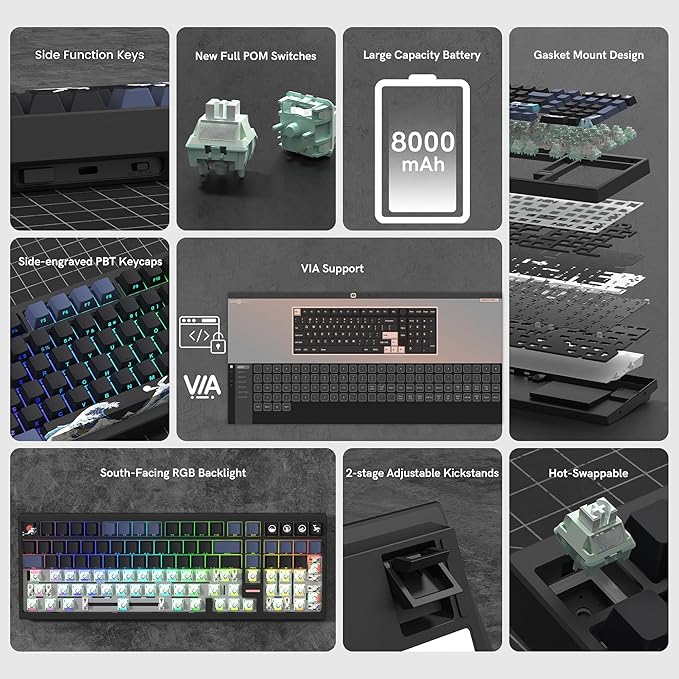 Womier Wireless Gaming Keyboard, Mechanical Keyboard, 98% Creamy Keyboard RGB Backlit with Number Pad and Volume Knob, BT5.0/2.4GHz/USB-C Mode, Hot Swappable Custom Keyboard with Linear Switches