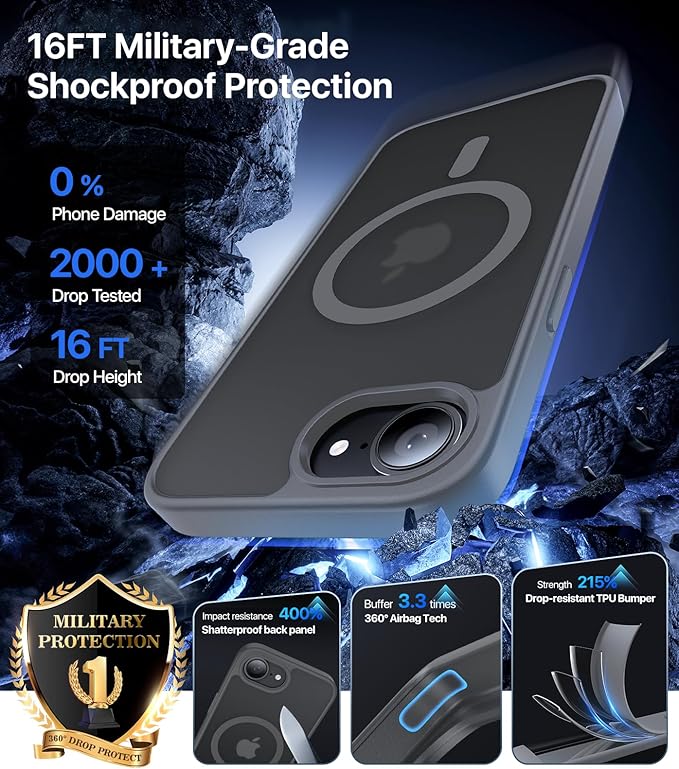 Eastinbox Magnetic Shockproof for iPhone 17e & iPhone 16e Case [Compatible with MagSafe] [Military-Grade Protection] Anti-Yellowing, Matte Protective Phone Case for iPhone 17 e/16 e 6.1", Grey