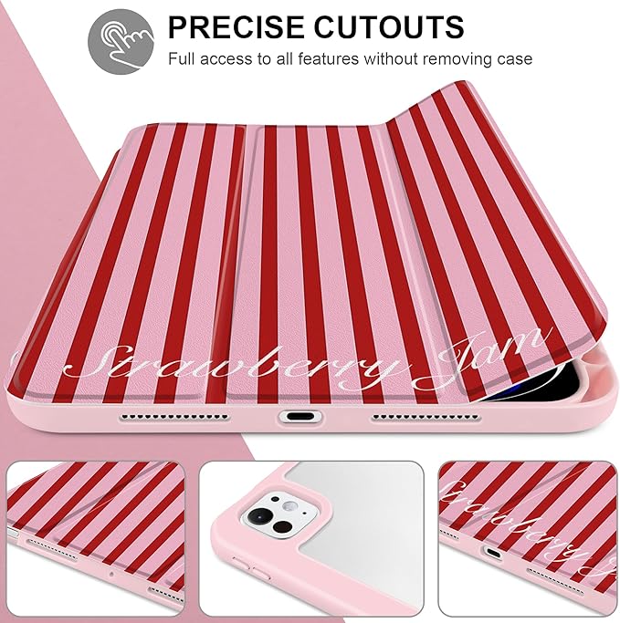 Case for iPad Pro 13 inch (M5) 2025 (M4) 2024 Release Cute Red Pink Striped Trifold Stand Cover with Clear Back Auto Wake Sleep Aesthetic Preppy Design for Girls Women, Stripe