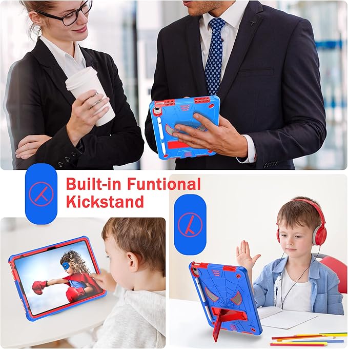 Dteck for iPad Air (3rd Generation) 2019 and iPad Pro (2017 Release) Hard Case 10.5" with Kickstand, Shoulder Strap/Screen Protector Film/Stylus Included, Shockproof Cute Spider Kid's Cover, Blue/Red