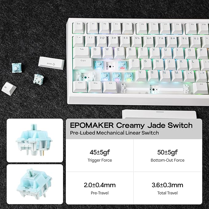 EPOMAKER G84 80% RGB Gaming Mechanical Keyboard, 2.4GHz/ Type-C/BT Wireless Keyboard, QMK/VIA Programmable, Hot-Swappable, NKRO, with Shine Through PBT Keycaps for Gamers (White, Creamy Jade Switch)