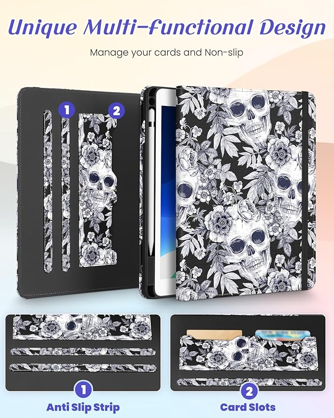 Kidcube for iPad Air 3rd Generation Case/Pro 10.5 Inch Case - Women Girls Cute Rotating Stand Folio Cover with Pencil Holder & Card Slot Flowers Goth Skull Design Cover for iPad Pro 10.5''/Air 3rd