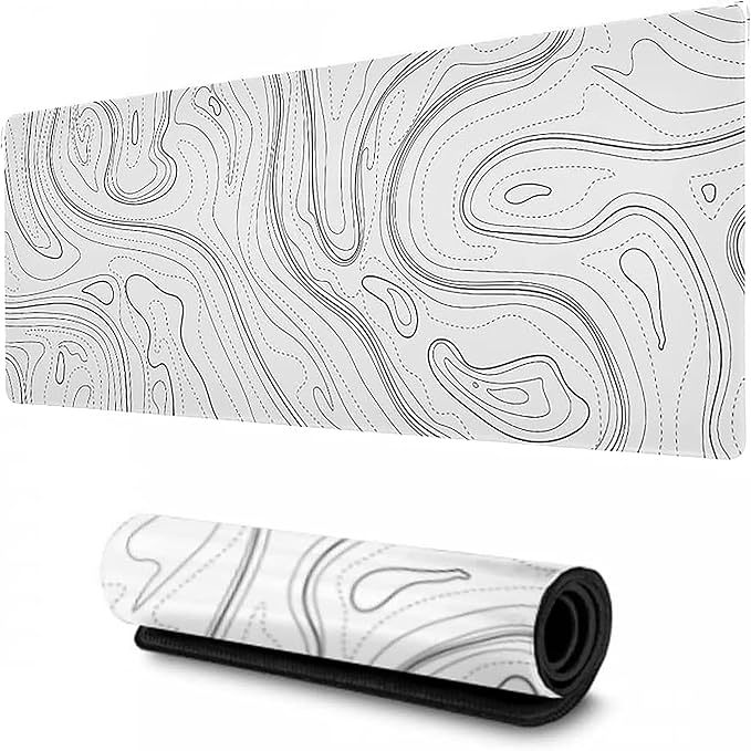AQQA White Topographic Gaming Mouse Pad XL,35.4" x 15.7" Large Desk Mat,Topo Lines Minimalist Desk Pad for Office Home,Waterproof Rubber Base Extended Keyboard Mat for Laptop,Gamer, Desk Decor