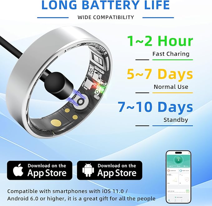 Smart Ring Health Tracking, Sleep Tracking, Heart Rate, Blood Oxygen, Blood Pressure，Fitness Ring, Activity Monitoring, 5 Days Battery, 5ATM Waterproof, No Subscription (Silver, 12#)