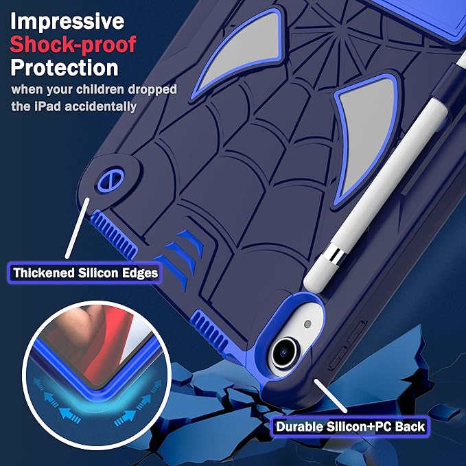 Dteck for iPad Air (3rd Generation) 2019/iPad Pro (2017 Release) Hard Shell Case 10.5" with Kickstand, Shoulder Strap/Screen Protector Film/Stylus Included, Shockproof Cute Spider Kid's Cover, Blue