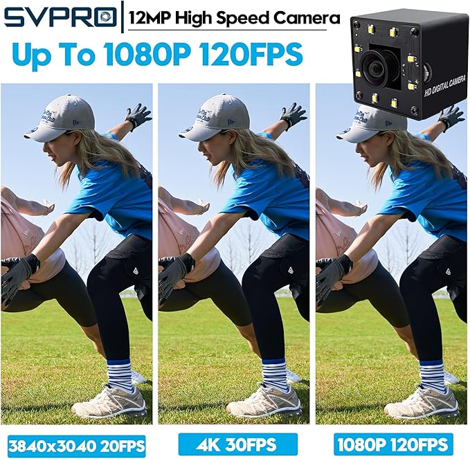 SVPRO 12MP USB Camera with Light, 4K Webcam 30fps / 1080P 120fps High Speed, IMX577 Sensor Low Light, USB Plug and Play for Lightburn, PC/Laptop, Comptible with Windows/MacOS/Linux/Android