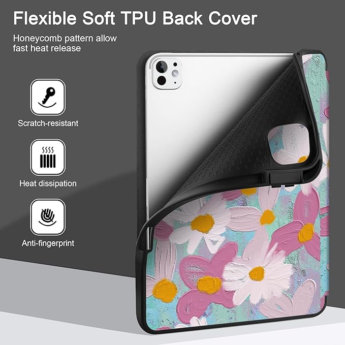MEEgoodo Case for M5 iPad Pro 11 inch 2025/M4 iPad Pro 11 inch Case 2024, Tablet Cover with Trifold Stand & Pencil Holder & Auto Wake/Sleep & Soft TPU Back Cover, Art Plants Floral