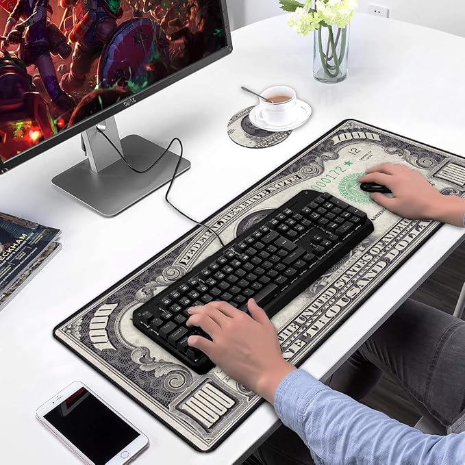 Desk Pad Mat Gaming Mouse Pads with Coasters Set, Stitched Edges Design Mouse Pad XXL Large Mouse Pad for Laptop Computers 1000 Dollar Bill Desk Writing Mat for Office & Home 31.5x 11.8