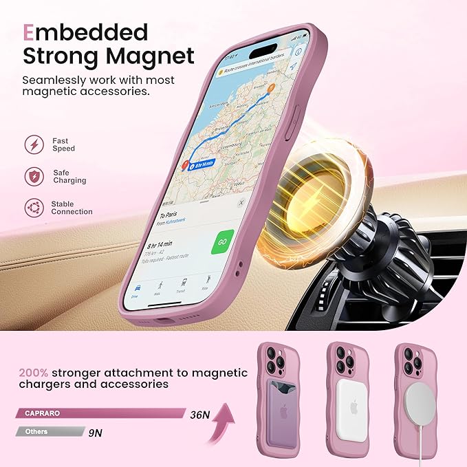 CAPRARO for iPhone 14 Pro Max Case with 360° Spin Magnetic Stand for Women, [Compatible with MagSafe] [Full Camera Protection] Cute Wave Translucent Matte Case for iPhone 14 Pro Max, Black Currant