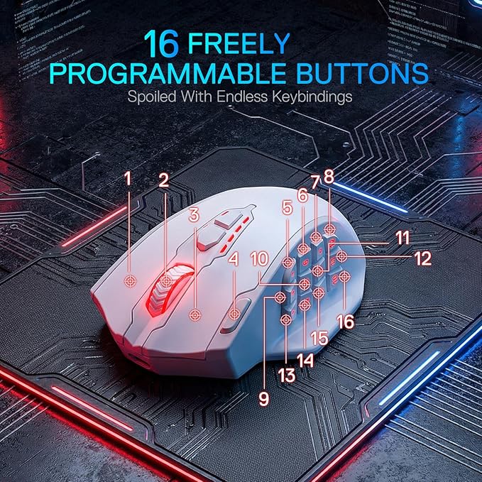 Redragon M913 MAX Wireless Gaming Mouse, 26000 DPI MMO Optical Mouse with 16 Programmable Buttons, BT & 2.4G Wireless, Software Supports DIY Keybinds, White