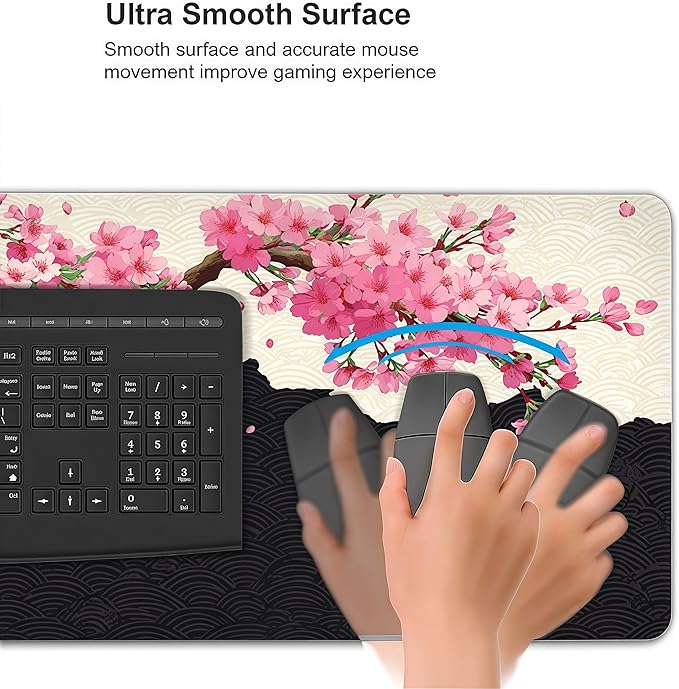 Extra Large Mouse Pad, Cherry Blossom Floral Pattern, Non-Slip Rubber Base, 35.4 x 15.7 Inches, Rectangular Desk Pad
