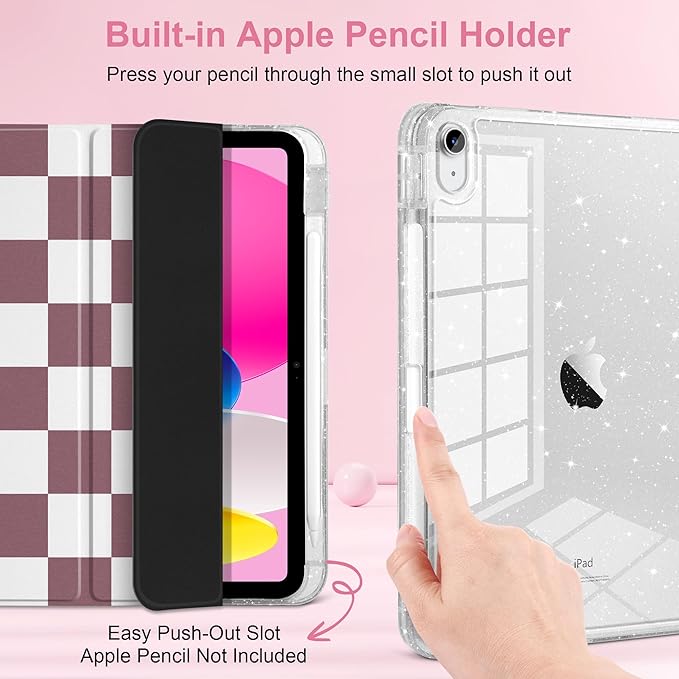 DONGKE for iPad Pro 11 inch Case – Fits M5 2025 / M4 2024, Shockproof Sparkling Glitter Acrylic Back, Pencil Holder, Trifold Stand, Auto Sleep/Wake & Touch ID Support - Brown Checkerboard