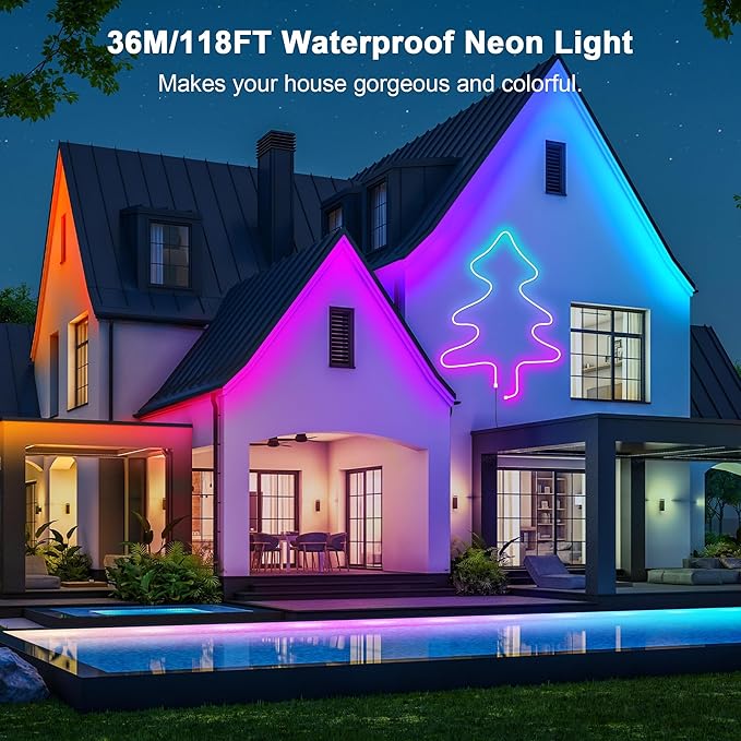 Cozylady RGB Neon LED Rope Lights, Waterproof Bluetooth APP Remote Control Music Sync Strip Lights, 24V Flexible DIY Silicone Light for Bedroom Home Indoor Outdoor Decor (36M/120Ft)