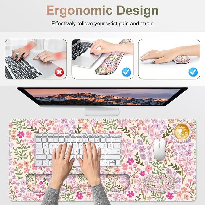 Large Gaming Mouse Pad Set, Ergonomics Keyboard Desk Mat with Memory Foam Wrist Rest, Computer PC Extended Game Mousepad, Non-Slip Desk Matt Easy Typing Pain Relief I Artistic Colroful Flowers