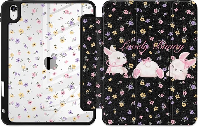 Case for iPad Air 11 inch M4 2026 M3 2025 M2 2024,iPad Air 5th (2022) / 4th (2020) 10.9 Inch Clear Back Shell Lightweight Shockproof TPU Trifold Stand Auto Wake Sleep Cute Cover, Flowers