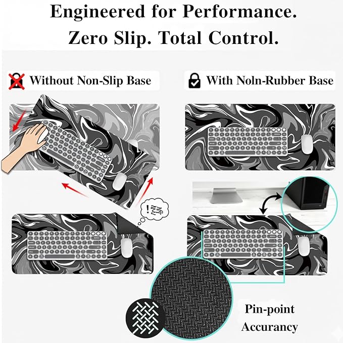 Large Gaming Mouse Pad (31.5x11.8in) - Black & Grey Liquid Swirl Design, Abstract Fluid Art - Extended Desk Mat with Stitched Edges, Non-Slip Rubber Base for Esports and High DPI Sensor Tracking