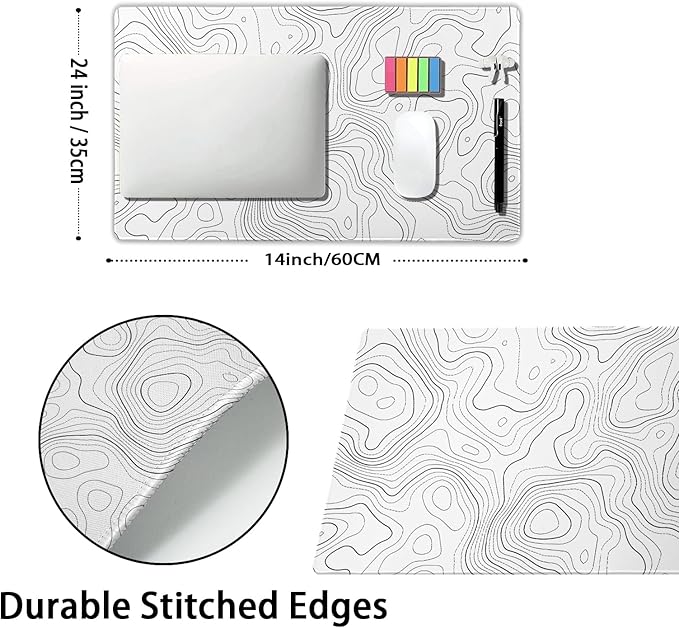 Topographic Map Mouse Pad Large White Lines Contour Geographic Extended Desk Mat 60x35 CM Non-Slip Rubber Base Stitched Edge Long Mousepad, 24x14 Inch