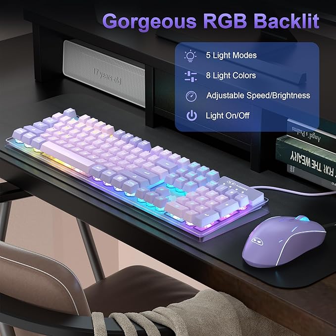 Gaming Keyboard and Mouse Combo, K1 RGB LED Backlit Wired Keyboard with 104 Key Computer PC Gaming Keyboard for PC/Laptop (Purple)