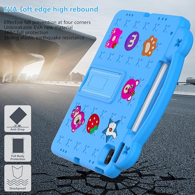 Cute Kids Case for Apple iPad Air 13" M4 M3 M2 2026 2025 2024/ iPad Pro 13 2025 2024/ Pro 12.9 2022/2021/2020/2018, DIY Figures Kickstand EVA Handle Case with Shoulder Strap Shockproof Cover,SkyBlue