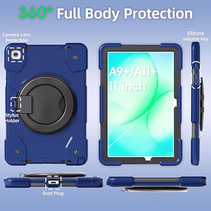 Andnary Case for Samsung Galaxy Tab A9+/A9 Plus Case 11 Inch with Screen Protector/360° Rotating Stand/Pen Holder/Shoulder Strap, Shockproof Cover for Tablet A9+ 5g (Navy+Black)