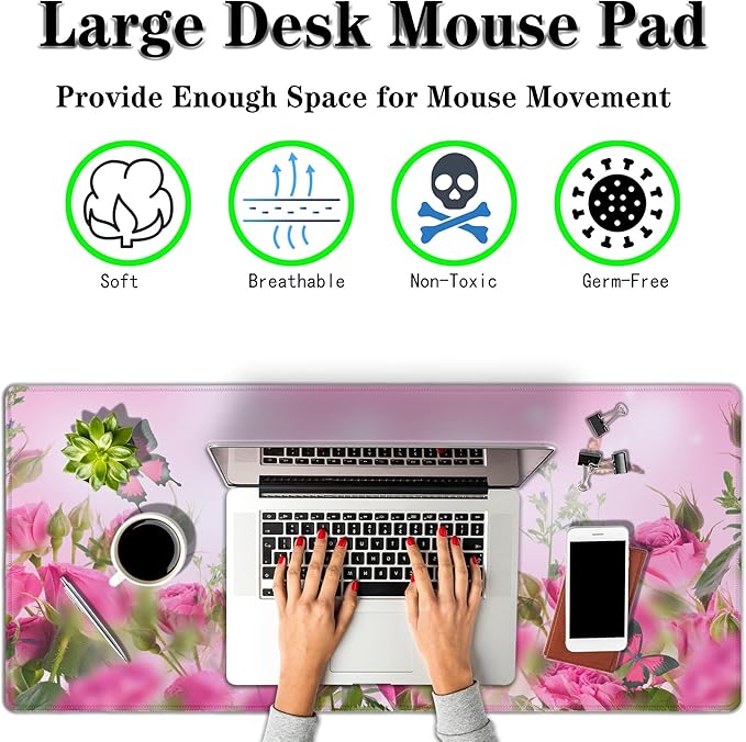 Computer Desk Mat Pink, Large Gaming Mouse Pads Desk Pad for Women Big Mouse Pad, Chic Office Desk Accessories Non-Slip Rubber Base, 35.4 X 15.7 inch for Work/Game/Office/Home Roses Butterfly