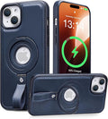 Butaiga for iPhone 15 Leather Case with Stand, Anti-Slip Grip Ring, Fits for MagSafe (Blue, iPhone 15)