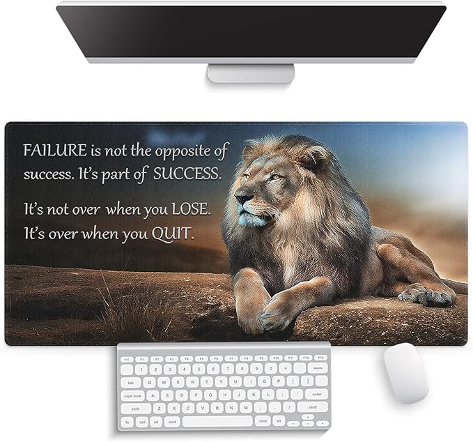 Large Gaming Extended Mouse Pad (31.5" x 15.8") - Majestic Lion at Rest Inspirational Quote About Success Motivational Words, Extra XXL Office Accessories, Premium Stitched Anti-Slip Desk Mat