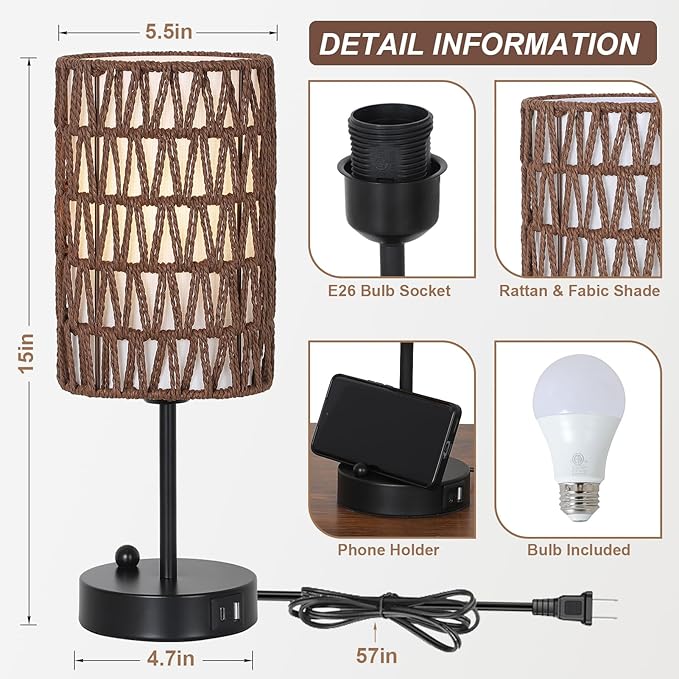 Bedside Lamps Set of 2, Touch Control Night Stand Lamp for Bedroom with Rattan & Linen Shade & Bulbs, 3 Way Dimmable Small Boho Table Lamps with USB Charging Port & Phone Stand (Coffee Color)