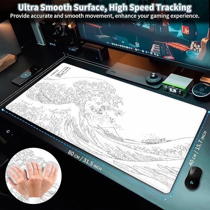 Black and White Large Mouse Pad, Japanese Sea Wave White Desk Pad for Keyboard and Mouse, 31.5" X 15.7" Computer Gaming Mouse Mat with Non-Slip Rubber Stitched Edge for Laptop Gamer