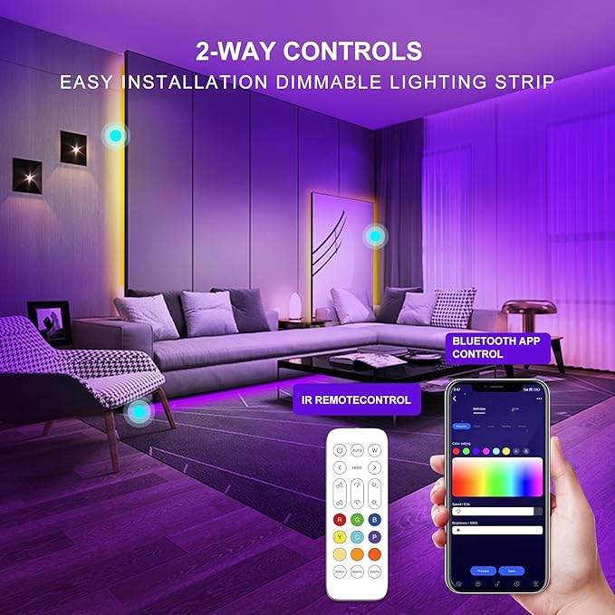 Pandery RGB COB LED Strip Light,DC24V 576leds/m Music Synchronized Color Change APP and Bluetooth Remote Control 32.8FT/2x5M,Indoor RGB COB Strip Light for Bedroom,Game Room,Bar,Party