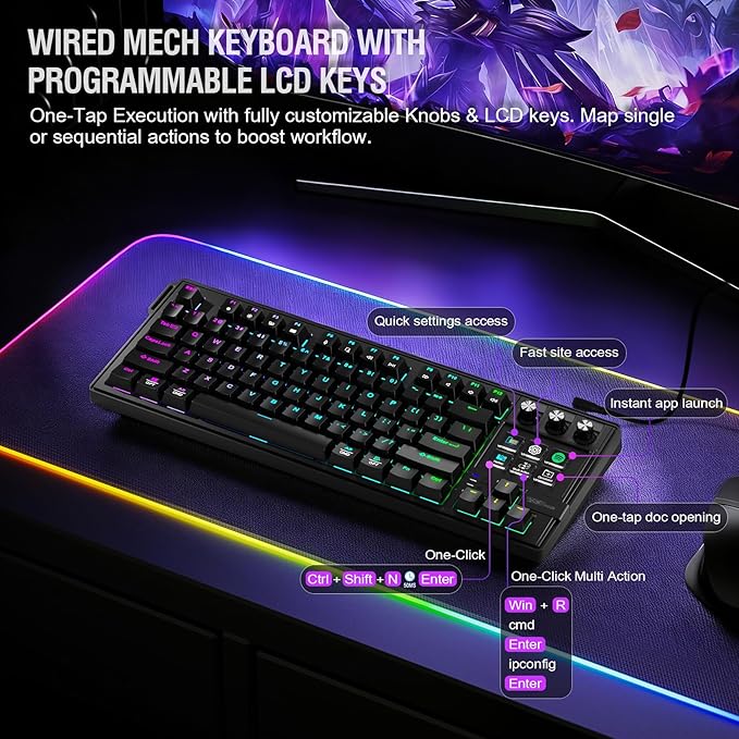 K1 Pro Macro Keyboard, Wired Only Full-Key Programmable On-Board Keypad, Custom Gaming Streaming Mechanical Keyboards with Screen & Knob, Gasket, RGB Backlit, Hot Swappable Shortcut Pad