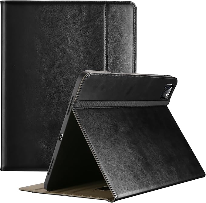 ProCase Leather Case for iPad Pro 13 Inch 2025 (M5) / 2024 (M4) with Pencil Holder, PU Leather Business Stand Cover Multi-Angle Viewing Smart Folio with Hand Strap Front Pocket for iPad Pro 13" -Black