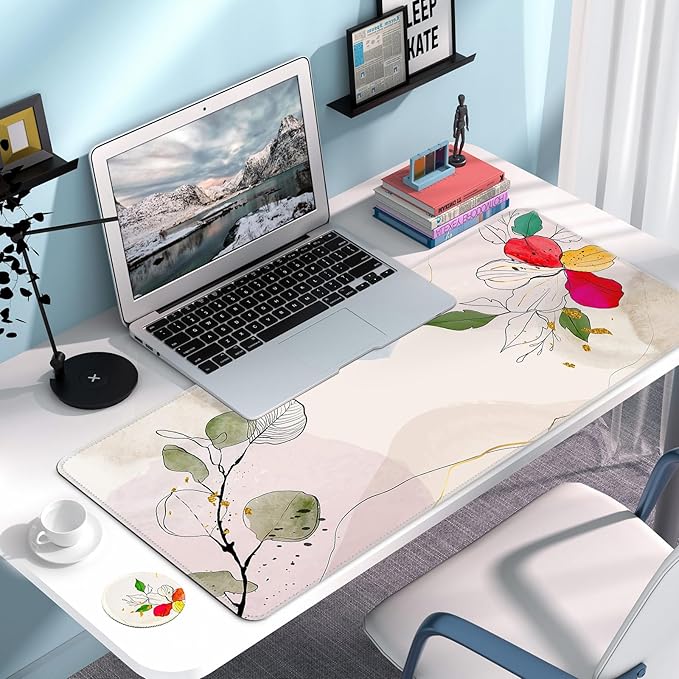 Large Gaming Mouse Pad with Coaster, Desk Matt for Desktop, Desk Pad, Mouse Pads Mat, Stitched Edges Big Extended Mousepad for Computer Keyboard Laptop Office Decor, 31.5'' x15.6''-Flowers&Leaves