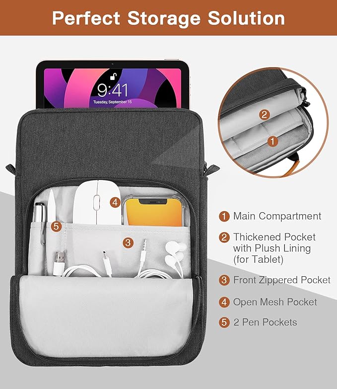 MoKo 9-11 Inch Tablet Sleeve Bag Handle Carrying Case with Shoulder Strap Fits iPad Pro/Air/A16 11 inch,iPad 10th 10.9,i-Pad 9/8/7th 10.2,iPadAir 5/4th 10.9,i-Pad 9.7,Tab S8/S9 11", Black & Gray