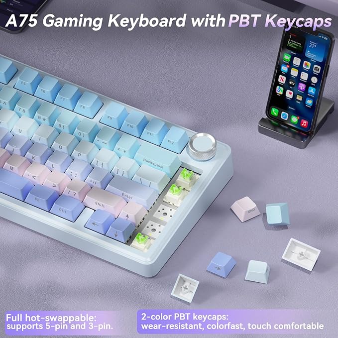 SOLAKAKA A75 Wireless Mechanical Keyboard, Hot Swappable Gaming Keyboard with RGB Backlit, Multifunction Knob, Gasket Mounted Creamy Keyboard, BT5.0/2.4GHz/USB-C, 75% Compact Layout for Win/Mac/PC