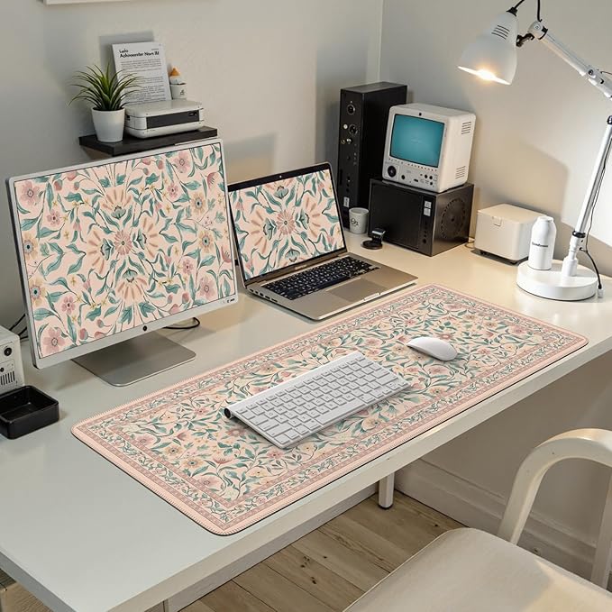 iLeadon Desk Mat for Keyboard and Mouse, Cute Mouse Pads for Computer, Non-Slip Floral Gaming Mousepad 35.4x15.7 Inch, Pink Desk Mat with Stitched Edges for Home Office (Pink)